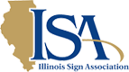 Outline of the state of Illinois with blue text that reads ISA Illinois Sign Association.
